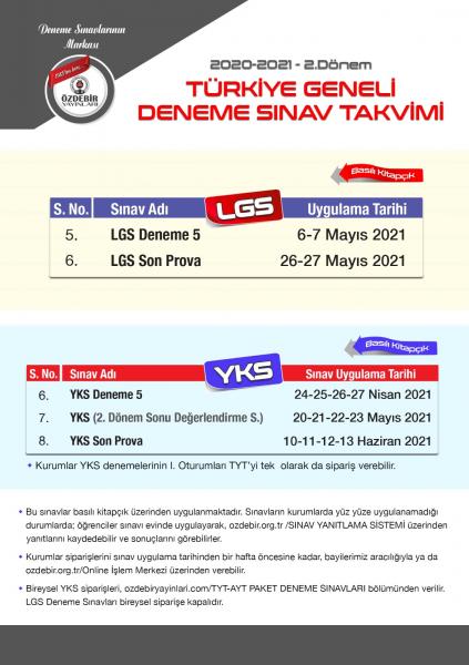 ÖZDEBİR TÜRKİYE GENELİ 2.DÖNEM DENEME SINAV TAKVİMİ